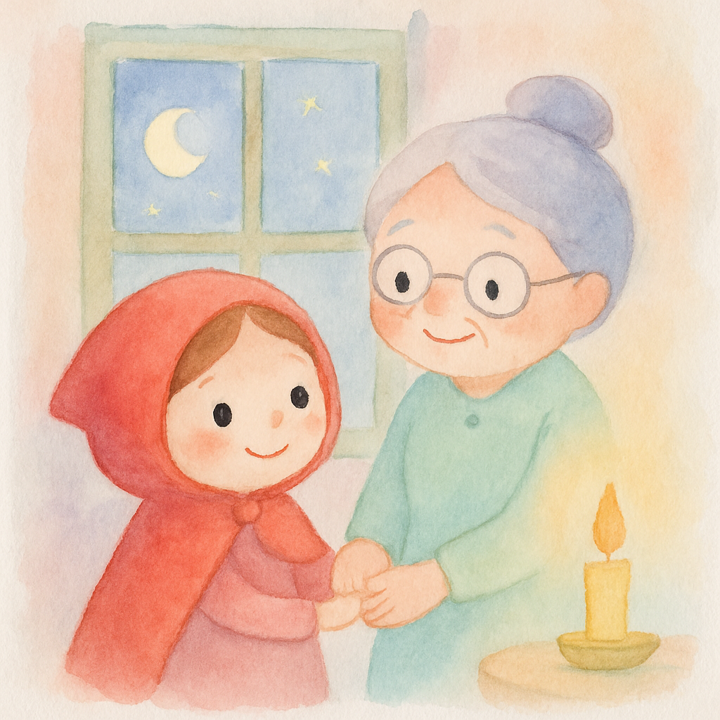 빨간 모자와 할머니가 함께 손을 잡고 창밖의 별을 바라보는 장면